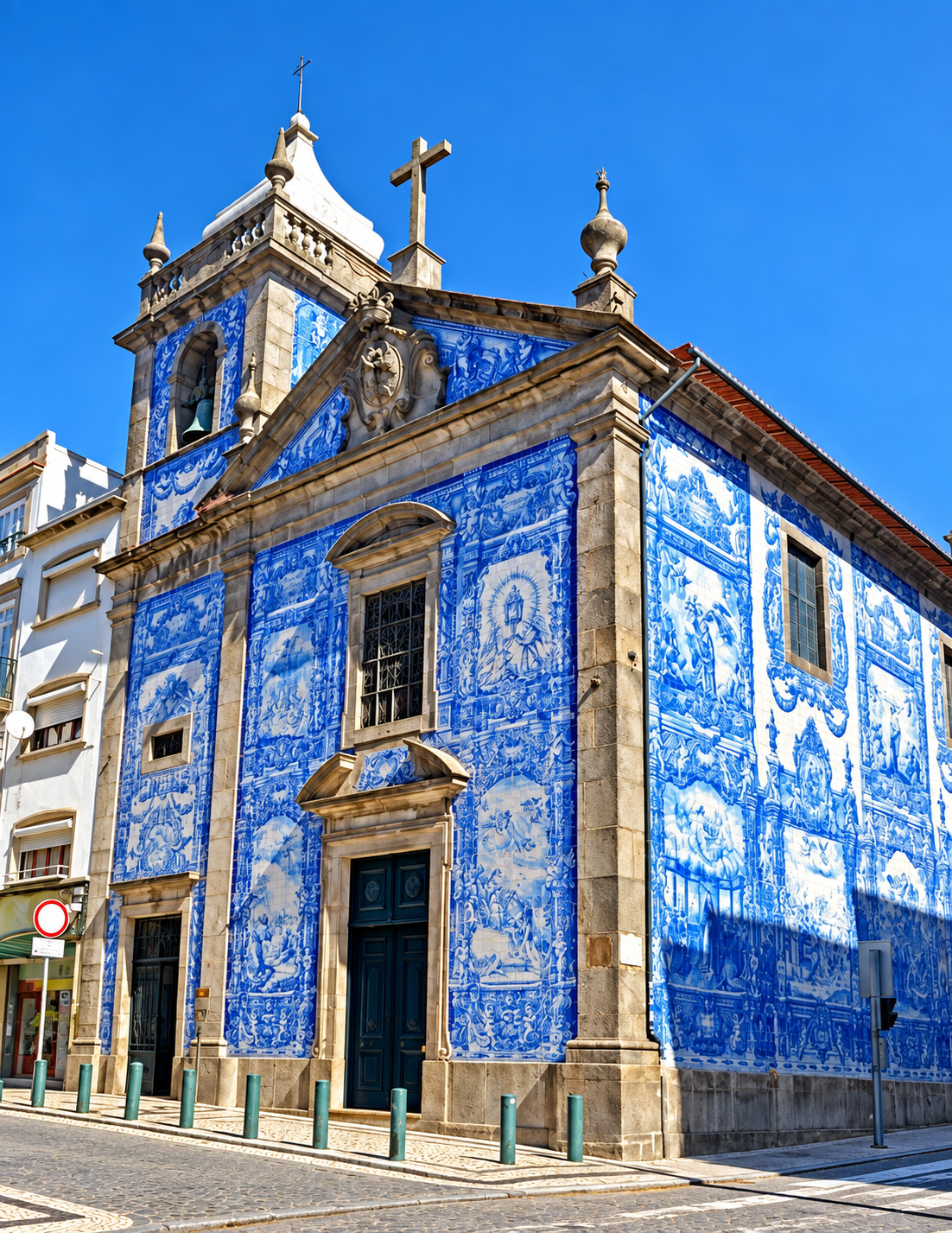 Fachada da Capela das Almas no Porto, revestida de azulejos azuis
