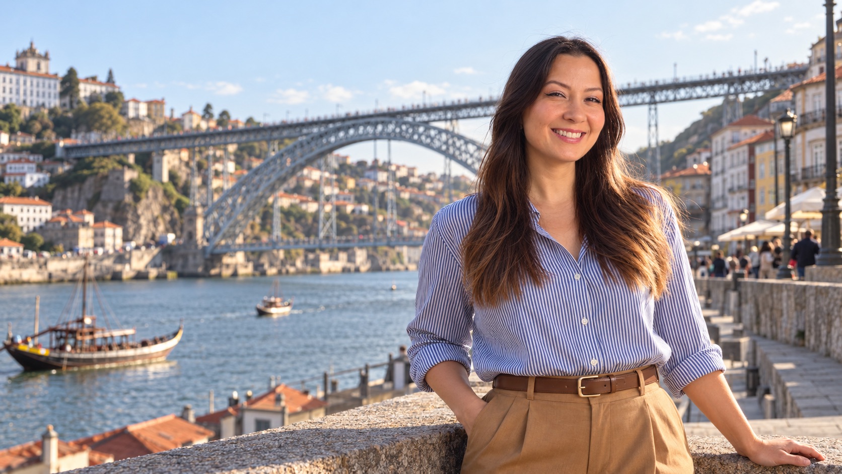 Sawana, guia da Tô no Porto, com a Ponte Luís I e o Rio Douro ao fundo