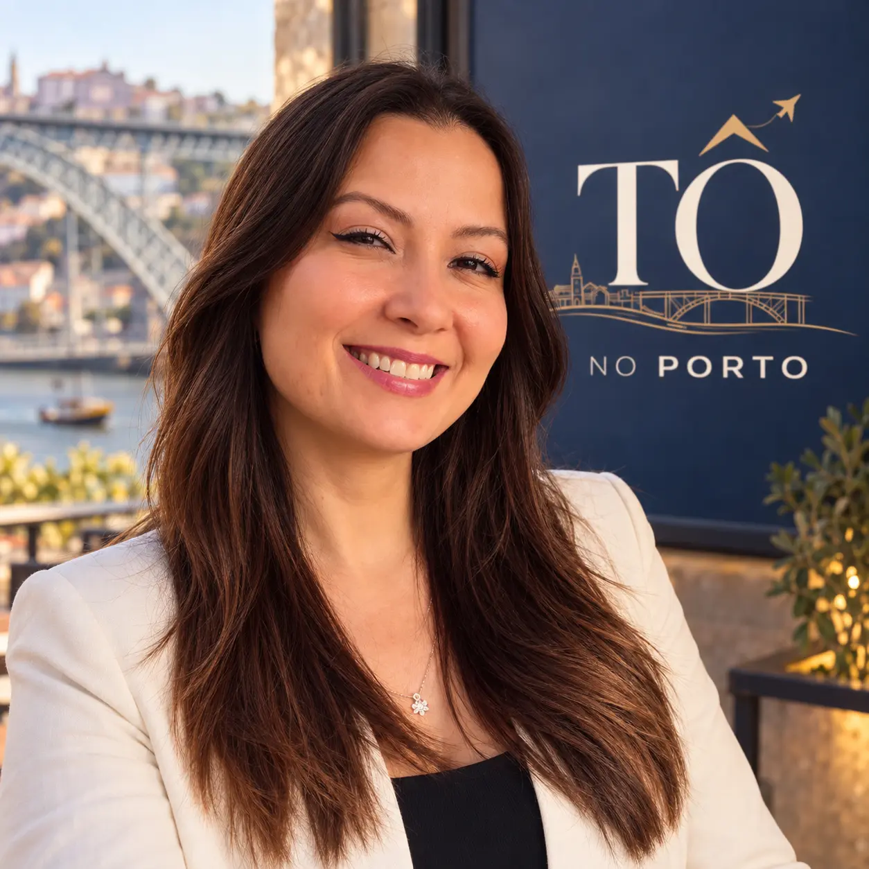 Sawana Tavares, fundadora da Tô no Porto, com o rio Douro e a Ponte Luís I ao fundo